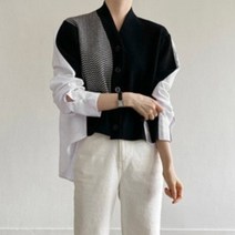 헤링본가디건 론지 셔츠 배색 레이어드 루즈핏 오버핏 브이넥 비스코스가디건