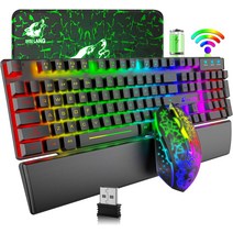 충전식 무선 게이밍 키보드 및 마우스 콤보 손목 받침대 포함 무지개 백라이트 기계식 느낌 RGB 균열 머 대형 패드 윈도우 PC 및 데스크톱용, 블랙.