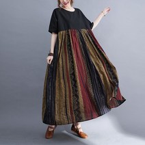 중년 여성 빅사이즈 여름 라운드 면 린넨 배색 줄무늬 루즈핏 반팔 롱 원피스 홈웨어 홈드레스 휴양지 엄마옷 마담옷 미시옷 아줌마옷 할머니옷