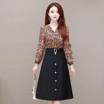 예복원피스 아나운서 빅사이즈 오피스 레이디 빈티지 패치 워크 플로랄 드레스 여성 한국어 프릴 긴 소매 a