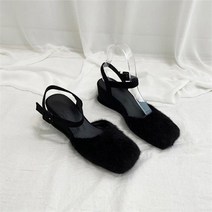 코지 여자 푹신한 페이크퍼 앞코 5cm 통굽 웨지힐 샌들