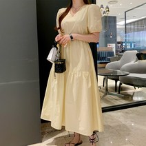 여성 브이넥 소매퍼프 스트링 캉캉 반팔 롱 원피스