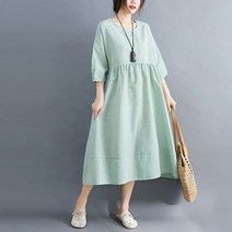 [하나비] 미에와이리 여성 여름 라운드넥 2컬러 스트라이프 칠부 소매 원피스