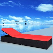 라운지 체어 썬베드 테라스 의자 많은 등나무 Sunlounger 풀 사이드 베란다 긴 라운지용 Sun Lounger 쿠션, 블랙 + 레드
