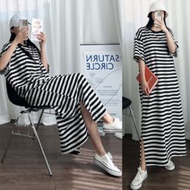 [프롬제니] 마리넌 옆트임 반팔 스트라이프 롱 원피스 단가라 편한 꾸안꾸 30대 40대 77사이즈 실내복 블랙 네이비 빅사이즈 미디 홈드레스 홈원피스 임산부 임부 데일리