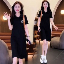 MLB 카라 원피스 여성 무릎 롱원피스 반팔 스커트 여자 자수 절개