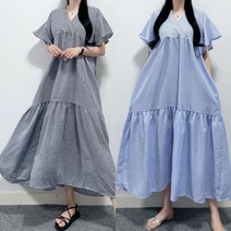 매일리룩 빅사이즈 고방 체크 지지미 브이넥 날개소매 맥시 롱 원피스