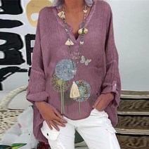 아사면 블라우스 린넨 루즈핏 블라우스여름 느슨한 리넨 블라우스 여성 긴 소매 Boho 탑 셔츠 해바라기 빈