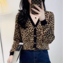 호피무늬 가디건 캐주얼 V넥 코트 자켓 프린트 니트