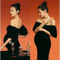 벨벳 만삭 화보 촬영 원피스 블랙 오프 숄더 셀프 대여 소품 드레스 임산부 스튜디오 쉬폰 흑백 스냅 커플룩 사진 고급 이브닝 단정한 심플 롱 임부복