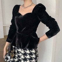 벨벳 블라우스 여성 겨울 남방 기모 셔츠 숙녀 브랜드 디자인 새 봄 옷 프랑스 스타일 빈티지 블루 스퀘어 칼라 퍼프 슬리브 세련된 탑 우아한