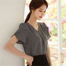 시크라인 튤립 소매 브이넥 스트라이프 블라우스