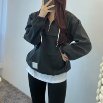 VANANA2 패치 포인트 루즈핏 아노락 바람막이 후드 반집업