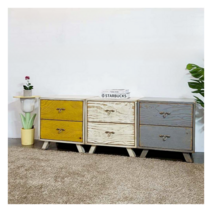 핸드메이드)옐로우그레이아이보리 2단 소나무 협탁, 아이보리