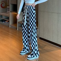 바둑판 와이드 레그 팬츠 봄과 가을 흑백 체크 무늬 하이웨이스트 캐주얼 걸레질 스트레이트 팬츠