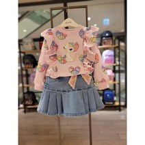 프렌치캣2 (Q21DCT340 Q21DCS130) 핑크 리본 프린트 티셔츠 스팽글 배색 SK 세트 CH