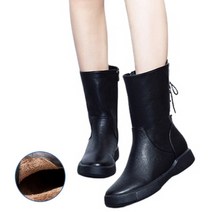 도오빠 여성 가죽 부츠 고급 워커 앵클 뒷끈 매듭 스트랩 미디엄 미들 싱글 기모 여자부츠