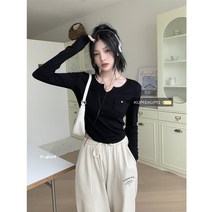 얇은긴팔 여자 V넥 롱 슬리브 티셔츠 슬림 가을 겨울 짧은 블랙 탑 이너 레이어드 레깅스코디 운동상의 데이트룩