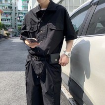 남성 여름 얇은 기능성 윈드 포켓 반팔 점프슈트 오버핏 캐주얼 스트랩