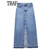 앞트임청치마 롱 데님 h라인 스커트 TRAF-블루 데님 스커트 하이 웨이스트 미디 스트리트웨어 롱 여성용 패