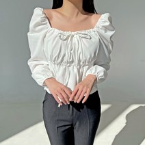 [러브유] 5색상 봄 가을 스퀘어넥 스판 셔링 퍼프 리본 블라우스