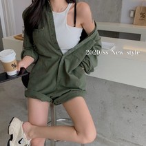 여성 하이웨이스트 날씬 반바지 일자 와이드에 카고 점프슈트 화이트 여성 플라워 셔츠 라운드 블라우스 세트 스커트 V넥