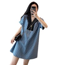 여름 빅 사이즈 정장 넥 바둑판 원피스 여 루즈핏 패치 스커트
