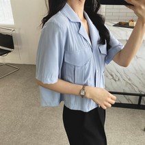 마롱패션 테일러드 셔츠 카라 크롭 솔리드 반팔 블라우스 블랙
