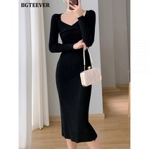 BGTEEVER 스퀘어 칼라 힙 니트 드레스 여성용 우아한 풀 슬리브 스플릿 바디콘 스웨터