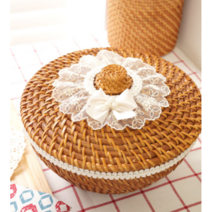 허니상점 레이스 원형 뚜껑 라탄 바구니 고급 보관함 수납함 /3size, 소