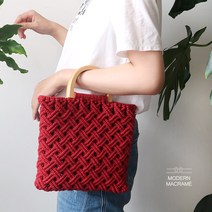 마크라메 DIY 키트 가방 만들기 스퀘어 토트백 2컬 손뜨개, 아이보리 우드링