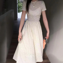 [최저가]도트 플라워 라운드 반팔 셔링 슬림 롱 원피스 2color