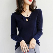 스타일아유 여성 니트 봄 가을 슬림핏 브이넥 리본 긴팔 티셔츠