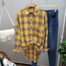 상상그이상 여성용 간절기 빅사이즈 오버핏 체크 포켓 롱 셔츠