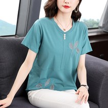 Makone 여자 봄가을 상의신상 여름옷 자수 반팔 순면 상의 여중 엄마옷 루즈핏 패치 반팔 티셔츠 여