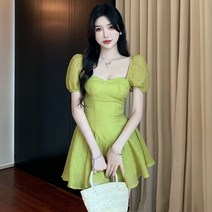 키작녀 원피스 키작은 여자 프랑스 일본풍 소녀 넥 퍼프 슬리브 허리 슬림 A 라인 스커트