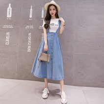 반신 여성 봄 여름 데님 A자 멜빵 하프기장 끈나시 슬립 원피스 트렌드