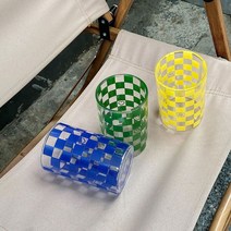 체크 유리컵 팝 아트 글라스 카페컵 브루클린 피자 펍 스타일 촬영 파티 아이스아메리카노, 블루