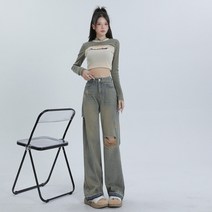 파동 활다리 청바지에 여성 2023 여름 신 키수 세수 세척하고 슬림직크라인 팬츠