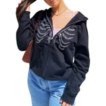 Chicuu 패션 여성 솔리드 컬러 까마귀 라인 석 해골 후드 롱 슬리브 지퍼 포켓 캐주얼 스트리트웨어 스웨터