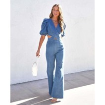 반팔 점프 수트 하이레그 바디프로필컨셉 여성 데님 슈트 캐주얼 패션 V 넥 퍼프 컷아웃 포켓 포함 스트리트웨어 넉넉한 와이드 레그 청바지