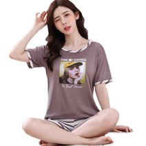 여자 만화 잠옷 세트 짧은 슬리브 줄무늬 동물 프린트 o-neck loungewear