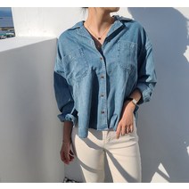 BANHANY 베티 심플 루즈핏 레트로 워싱 언발 연청 데님 셔츠 남방