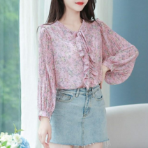 베러댓걸 여성용 긴소매 봄 가을 플라워 잔꽃무늬 플리츠소매 러플 블라우스