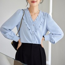 오버클래쓰 여성 루즈핏 브이넥 프릴 블라우스 데일리 셔츠 남방