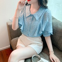 여름 여성용 반팔 라운드 프릴 도트 블라우스 4F544