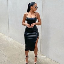 여성 한 Suspender 중간 길이 Bodycon 복장 패션 솔리드 컬러 가죽 Backless 스키니 분할 드레스 여성 mujer에 대한