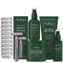 SheaMoisture 남성용 면도 키트 더블 엣지 면도기 블레이드 10개 프리쉐이브 소프트닝 오일 인비저블 라인 업 젤 스무딩 쉐이브 버터 애프터쉐이브 케어 리스토어링 크림 선물