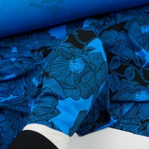 원단대장 저지 폴리스에스테르100% 패턴 스판 블루색 모란꽃 의류용