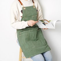 아유디 바리스타 앞치마 데님 까페 공방 화방 네일샵 미용실, 레더 스트랩 캔버스 앞치마, 네이비